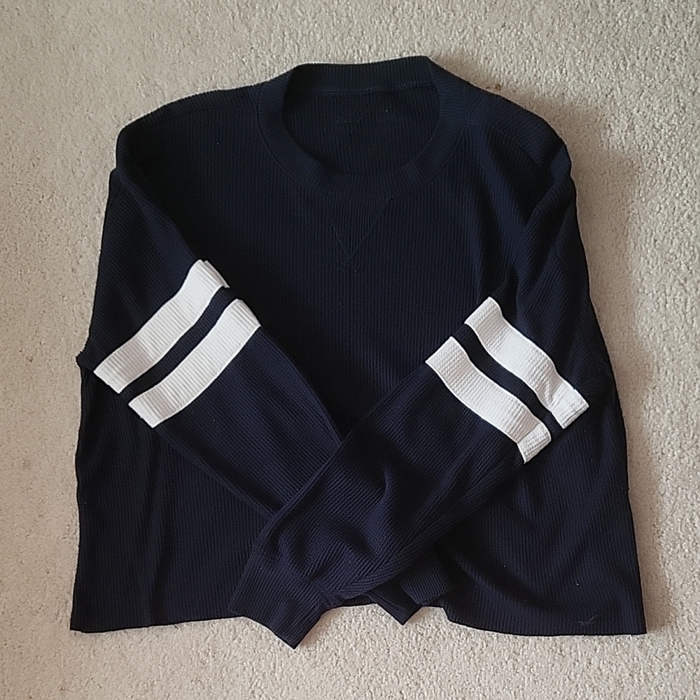 Classic Navy Crewneck Sweater with White Stripes
